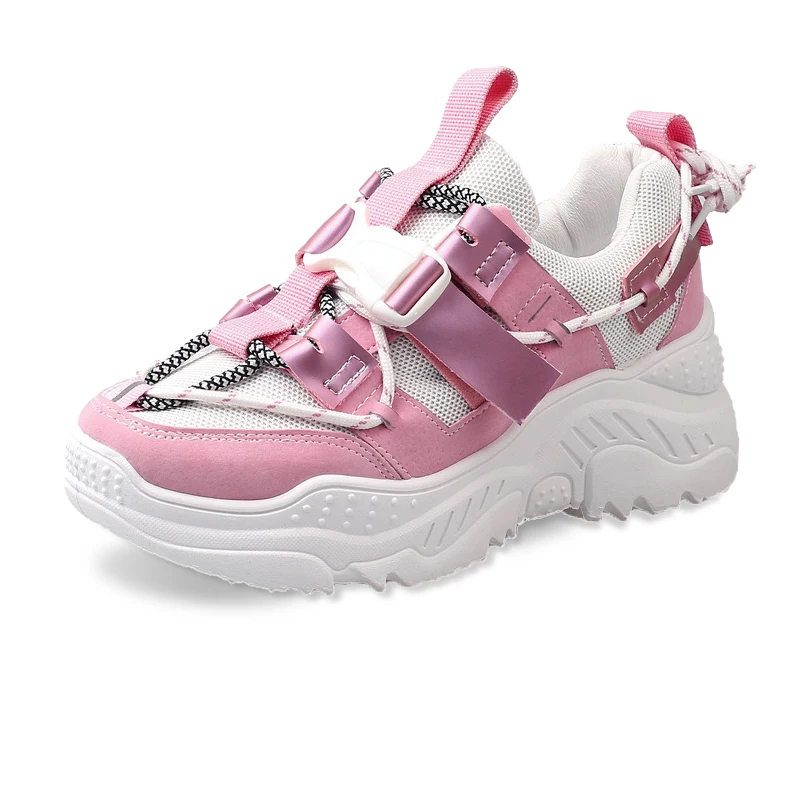 Женские модные кроссовки на платформе из искусственной кожи; дышащие повседневные кроссовки высокого качества на платформе для девочек; женская уличная обувь - Цвет: Розовый
