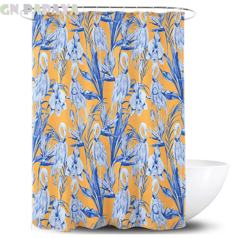 

Tropical plant Flamingo blue macrame Bath Curtains Waterproof Polyester Fabric retro orange Shower Curtains Screen with Hooks