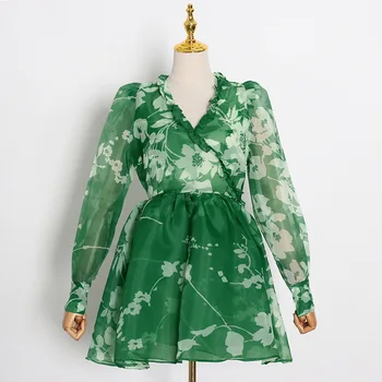 

HIGH STREET New Fashion 2020 Designer dress Women's V-Neck lantern Sleeve Ruffles Floral Print short dress