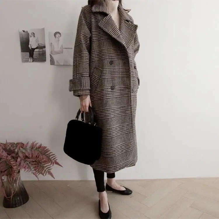 2019 осенне зимнее толстое длинное шерстяное пальто в клетку для женщин свободный
