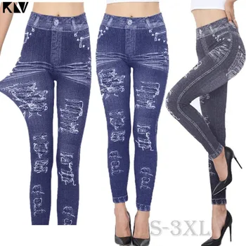 

KLV Plus Size Fashion Women Slim Leggings Faux Denim Jeans Ripped Printing Seamless Sexy Autumn Long Casual Pencil Pants