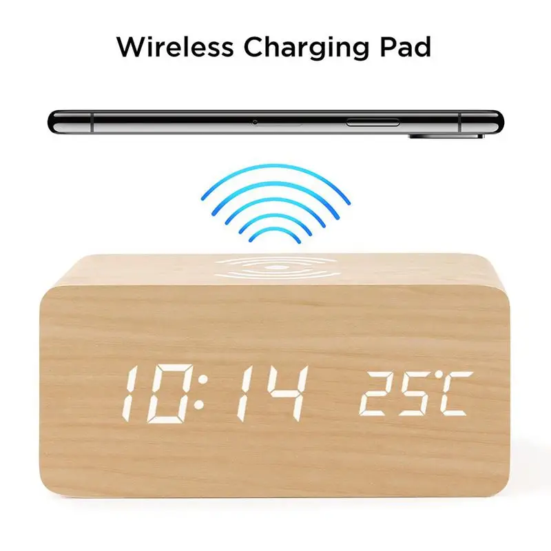 

Wooden Alarm Clock With Qi Wireless Charging Pad Compatible With For Iphone Samsung Wood Led Digital Clock Sound Control Funct