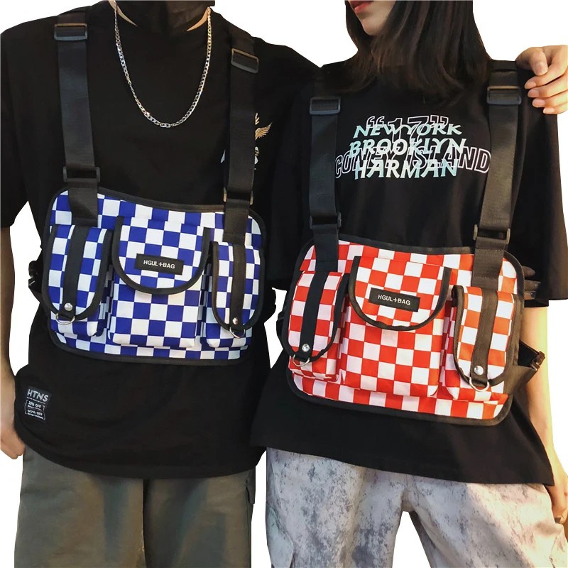 

Men women Fashion Grid waist bag Streets Hip hop trend Vest Chest bag High quality Mountaineering waist pack tactical fanny pack