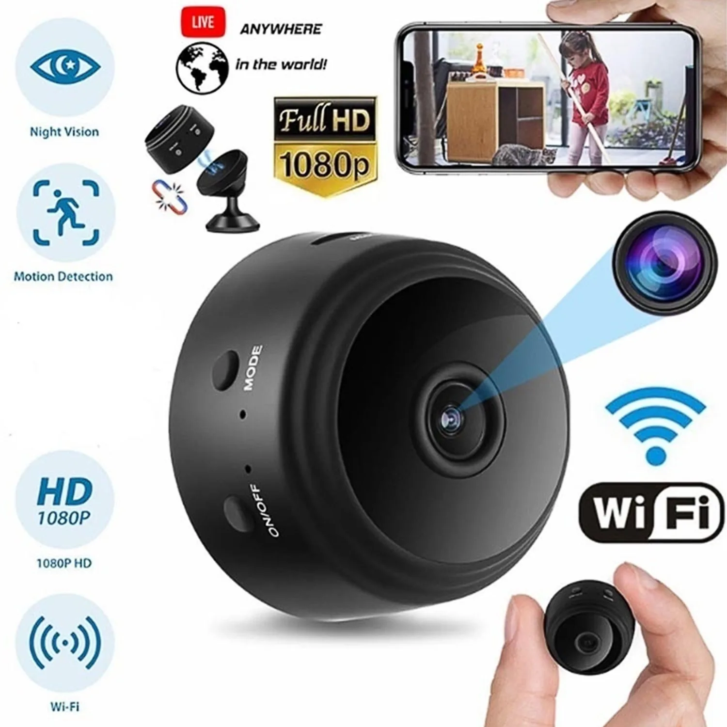Gosear мини камера 1080P HD WiFi ИК ночного видения с кронштейном 360 градусов для