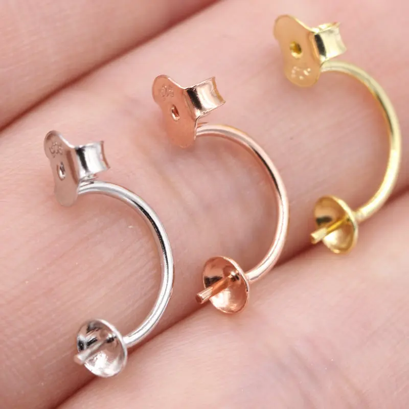 

925 Sterling Silver Earring C Shape Butterfly Earplugs with Bead holder U shape Blank Earrings For DIY Pearl Earring Accessories