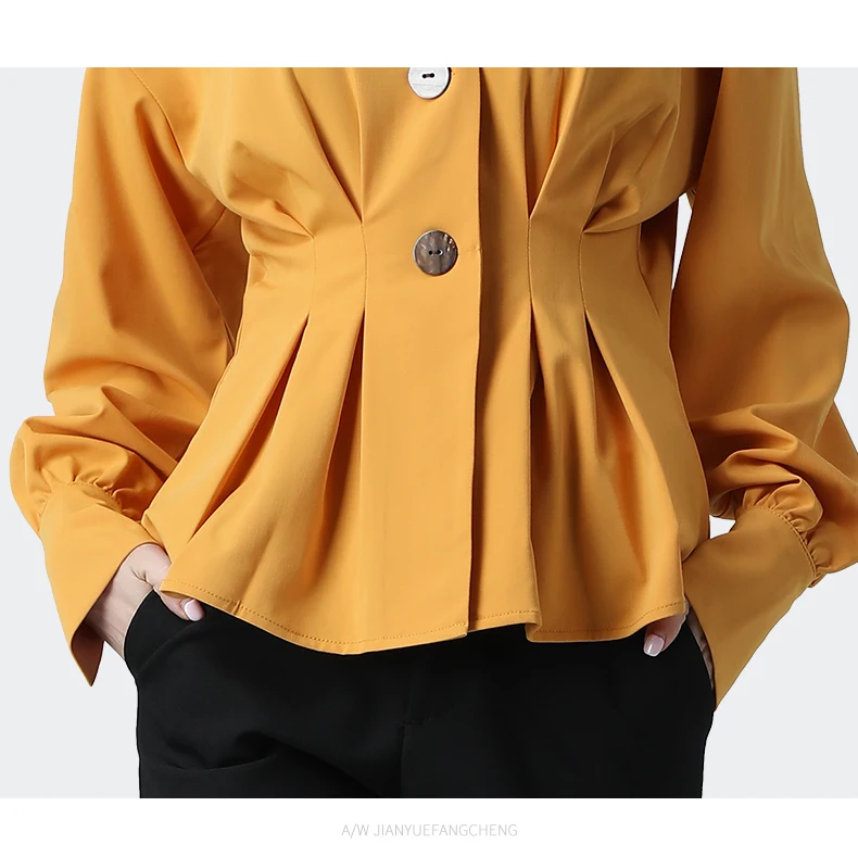 Большие размеры, Офисная женская желтая рубашка с длинным рукавом, v-образный вырез, элегантная драпировка, топ с баской, модные темпераментные женские осенние Рубашки