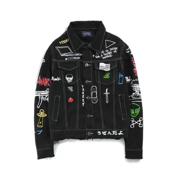 

Fashion harajuku Jacket Turn-down Collar Cotton Outwear Ripped Men Denim Jacket Men's yokosuka Graffiti Hip Hop Cowboy Jackets