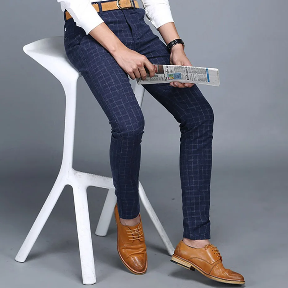 Клетчатый мужской костюм штаны похудания форма синий Pantalon Homme летнее платье