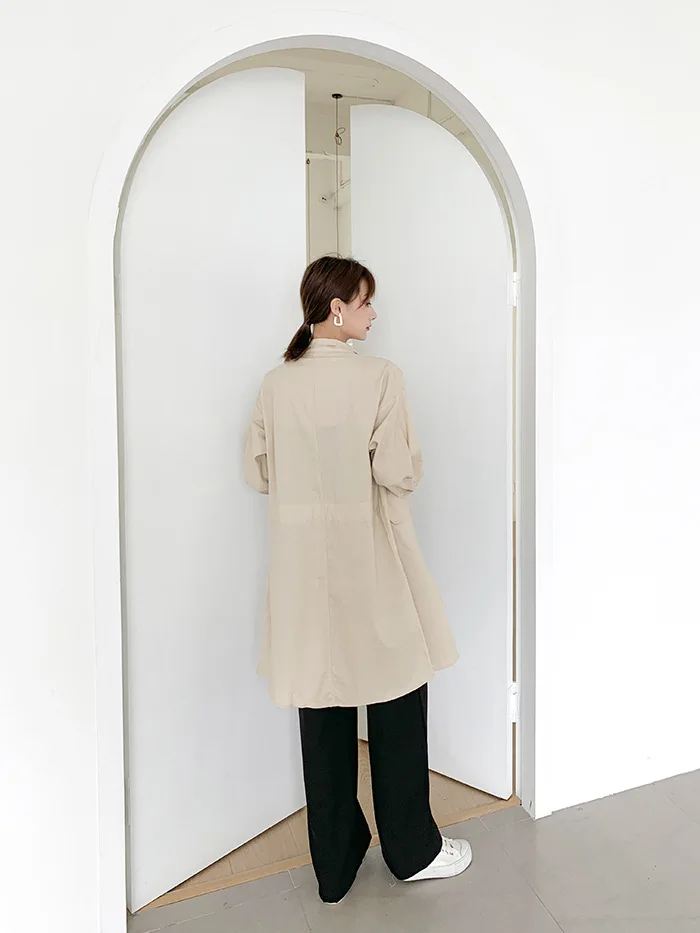 New Products Autumn Clothing South Korea Mid-length WOMEN'S Trench Coat Stand Collar Zipper Cotton Linen Trench Coat Long S