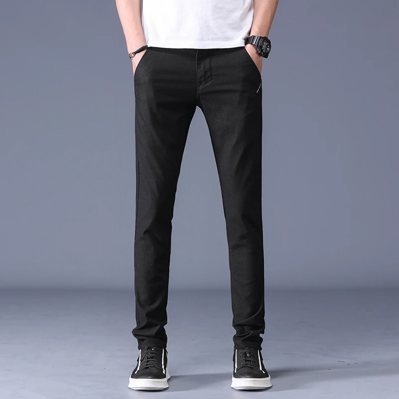 VROKINO осень и зима стиль мужские повседневные брюки хлопок тонкие однотонные модные брюки брендовая одежда - Цвет: black
