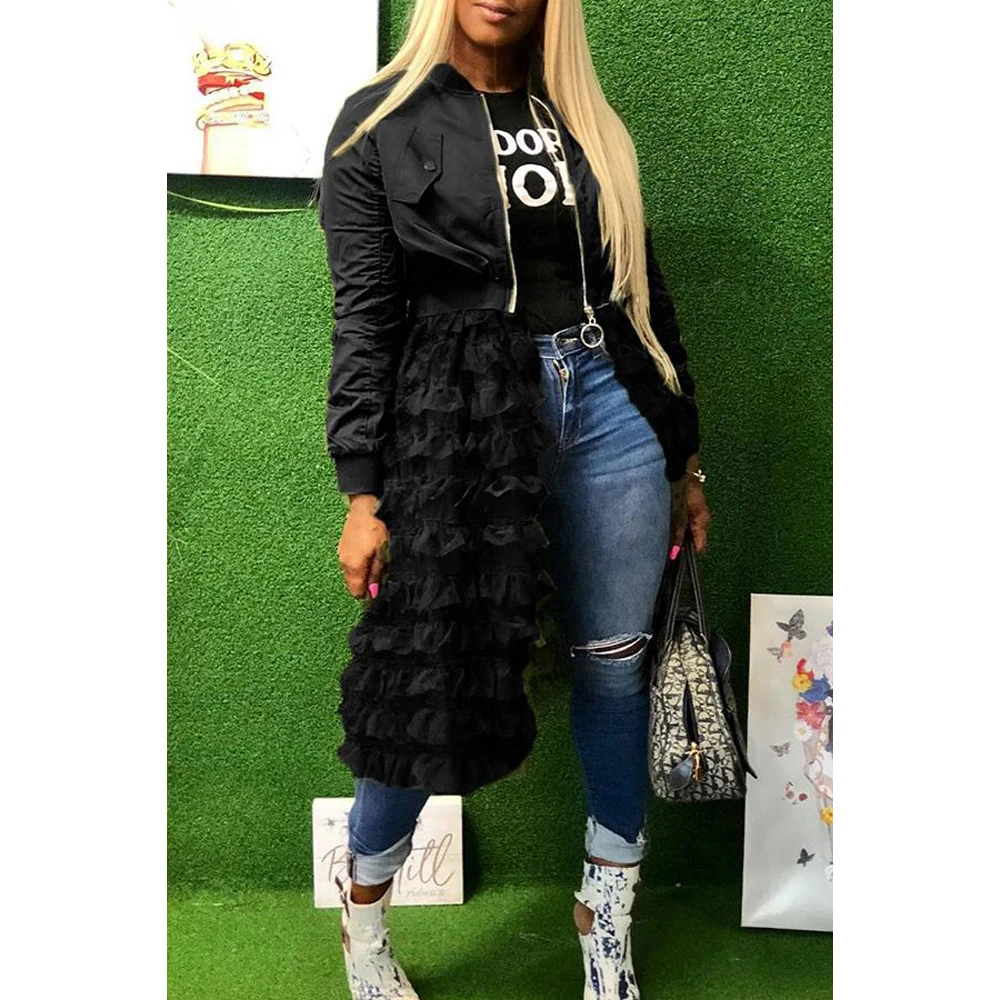 buy  2019 Autumn Fashion Women Lady Mesh Lace Splice Coats Long Sleeve Zipper Frill Tulle Tutu Long Jack