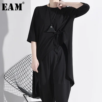 

[EAM] Women Black Brief Bandage Asymmetrical Loose T-shirt New Round Neck Half Sleeve Fashion Tide Spring Summer 2020 JS87201