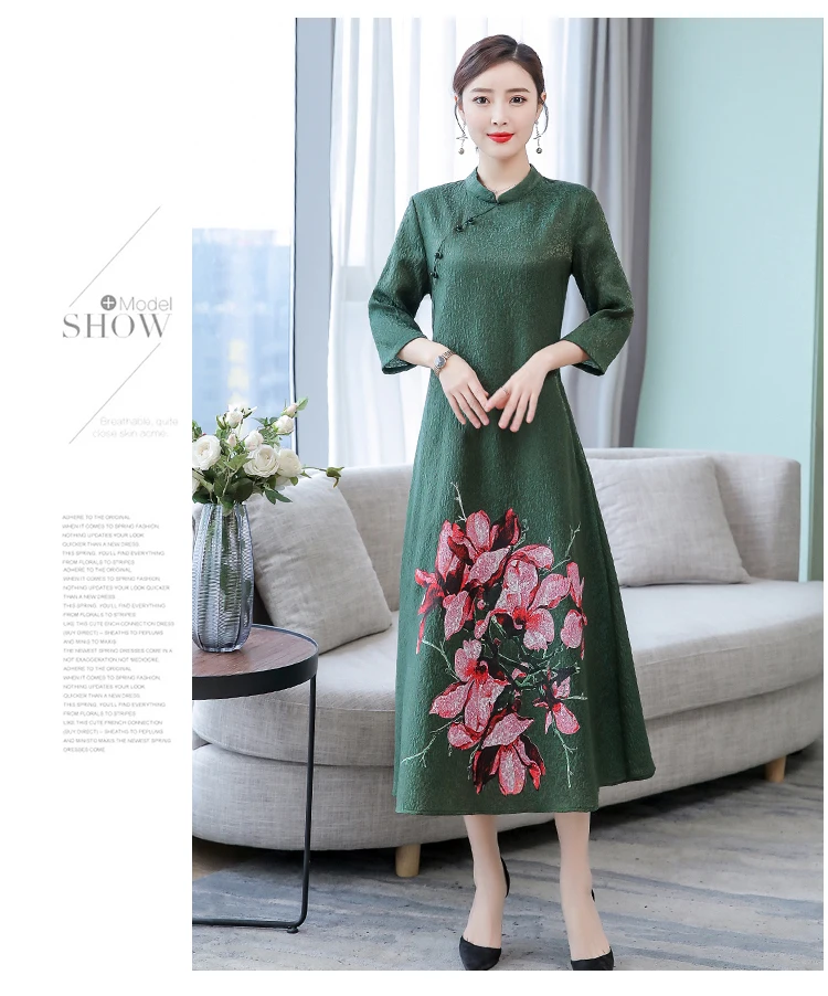Женское платье большого размера, M-4XL, весна, Ретро стиль, cheongsam, платье с принтом, свободное платье, высокое качество, элегантное платье, DV635
