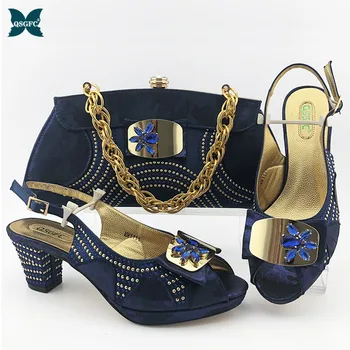 

2020 Latest Italian design Style Woman Shoes And Bag To Match Set Nigerian D.Blue Color Rhinestone Shoes And Bag Set For Party