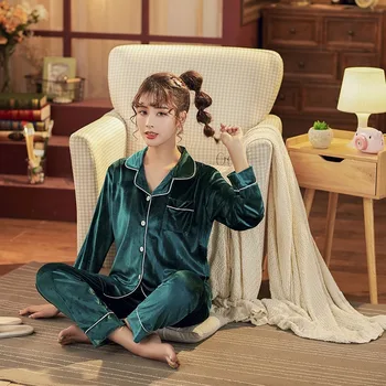 

XIFER Autumn and Winter Golden Velvet Pajamas Two-piece Suit Female Long-sleeved Korean Velvet Pajamas Winter Home Service
