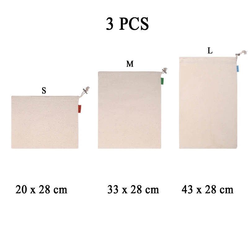 3 шт./6 шт./9 шт. Хлопковый мешок для овощей, фруктов, риса, экологически чистый с кулиской, многоразовый, моющийся для дома, шоппинга, кухни - Цвет: 3 PCS
