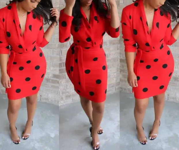 

Women 2021 Summer Polka Dot Vintage Dress Sexy Deep V Neck Long Sleeve Party Sundress Elegant Casual Belt Beach Dress