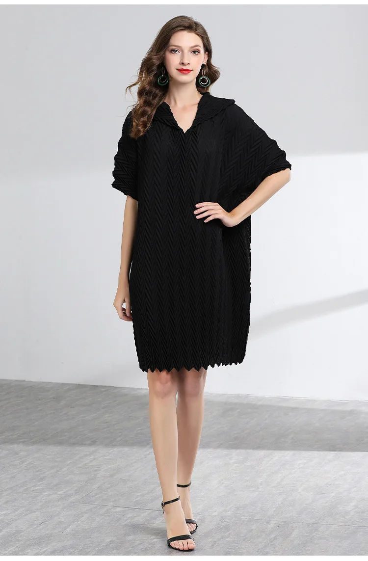 Issey плиссированное платье Miyake, свободные летние платья длиной до колена, высокое качество, v-образный вырез, однотонный, большие размеры для женщин, 100 кг, новая мода