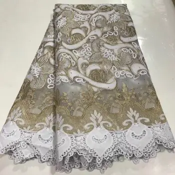 

2020 Latest Nigerian White and Gold Laces Fabrics High Quality African Laces Fabric for Wedding Dress French Stones Lace 5 yards