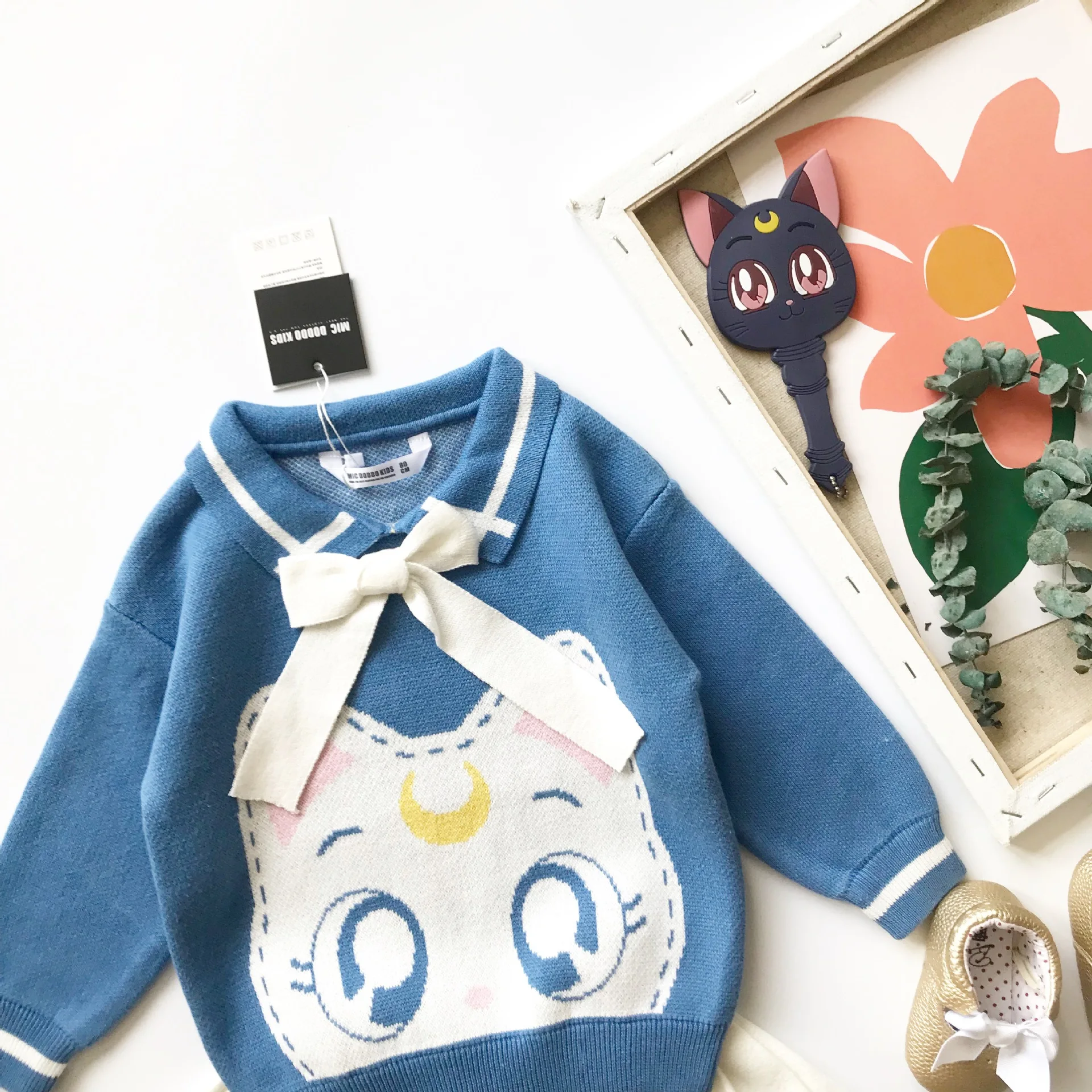 Tonytaobaby/ вязаный костюм для девочек на осень и зиму, хлопковый костюм из двух предметов с рисунком кота и бантом одежда для девочек
