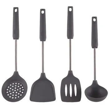 

1 Set 4pcs Silicone Kitchen Utensils Spatula Stir-fry Spatula Soup Spoon Slotted Spoon for Home (Black)