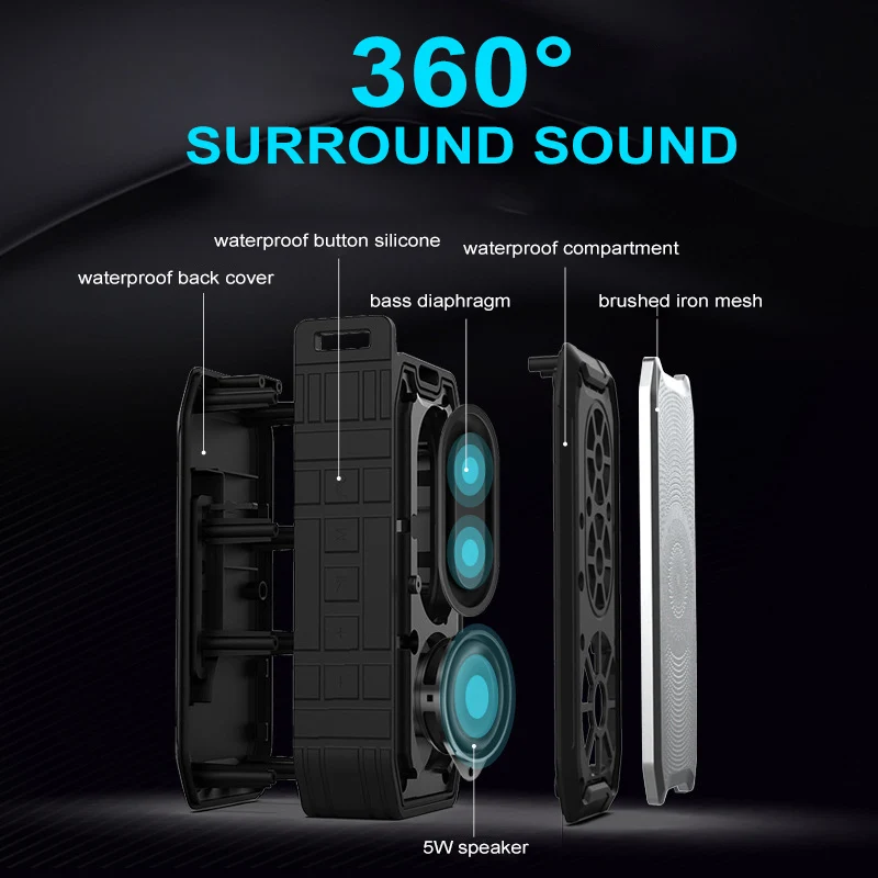 Портативный TWS открытый bluetooth динамик IPX7 водонепроницаемый 360 ° объемный звук беспроводной сабвуфер поддержка Hands-free/USB/TF/AUX/FM