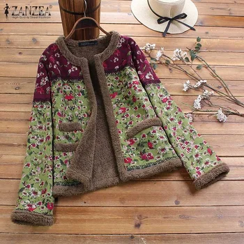 

ZANZEA Plus Size Women Coats Vintage Floral Printed Long Sleeve Outwear Winter Open Front Plush Fluffy Jackets Autumn Chaqueta