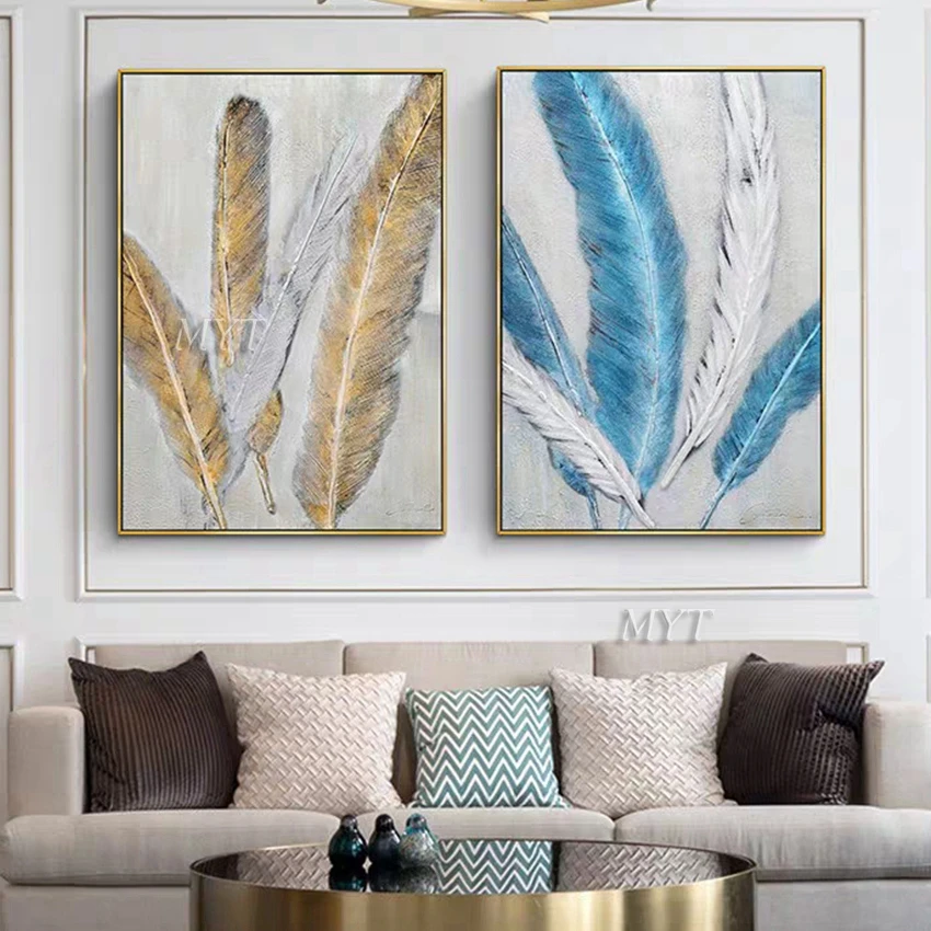 Billige Handgemachte Kunstwerk Bild Leinwand Wand Kunst Gold Federn Ölgemälde Moderne Wohnzimmer Dekoration Gemälde Kunst Wand Für Hause