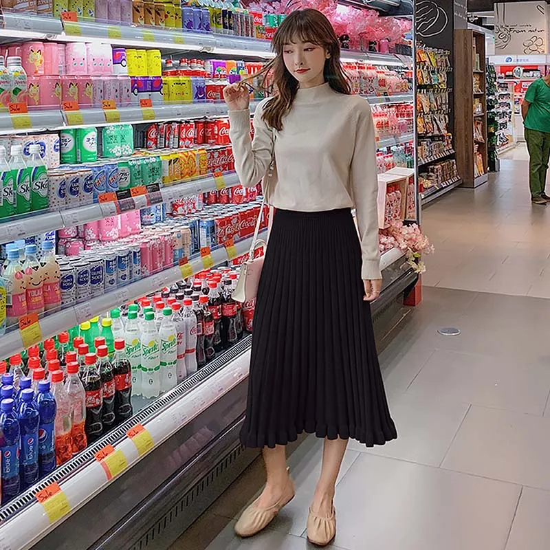 black long skirt Корейские длинные юбки женские Осень Зима Высокая талия трикотажная плиссированная юбка Женская Harajuku плюс размер юбка jupe femme - Цвет: black long skirt