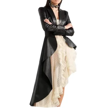 

2019 Fashion Autumn Pu Leather Women's Trench Office Lady Lapel Collar Long Sleeve Sashes Irregular Hem Windbreaker