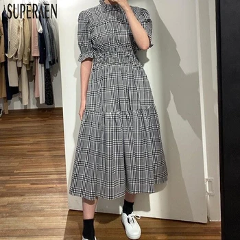

SuperAen Korean Style Long Dress New 2020 Summer Cotton Ladies Dress Stand Collar High-Waisted Plaid Women Clothing