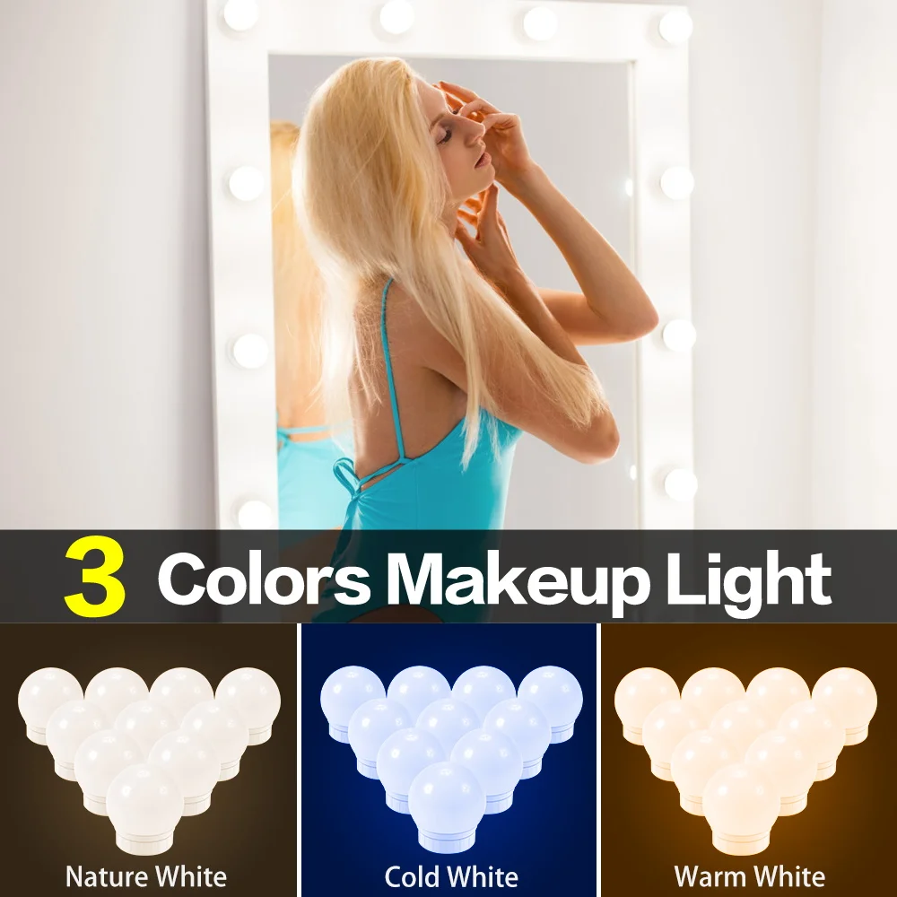 

USB 3 Colors Cosmetic Lamp Dimmable Bathroom Mirror Light LED 12V Makeup Vanity Cabinet Beauty 2 6 10 14 Bulbs For Dressing Room