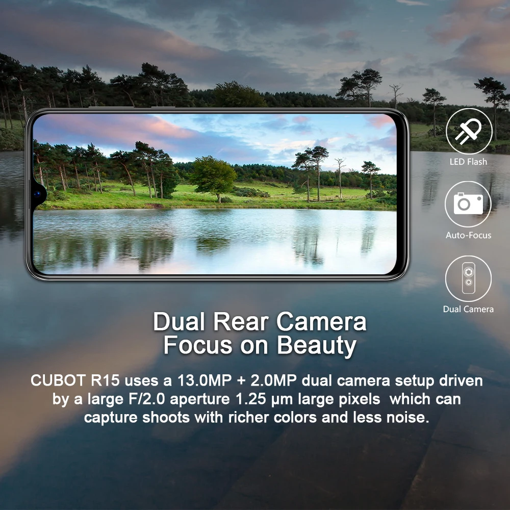 Cubot R15 SmartPhone Android 9.0 Pie 6.26'' 19:9 Water-Drop Screen MT6580P 2GB+16GB Finger ID Dual Rear Camera 13MP 3000mAh Good