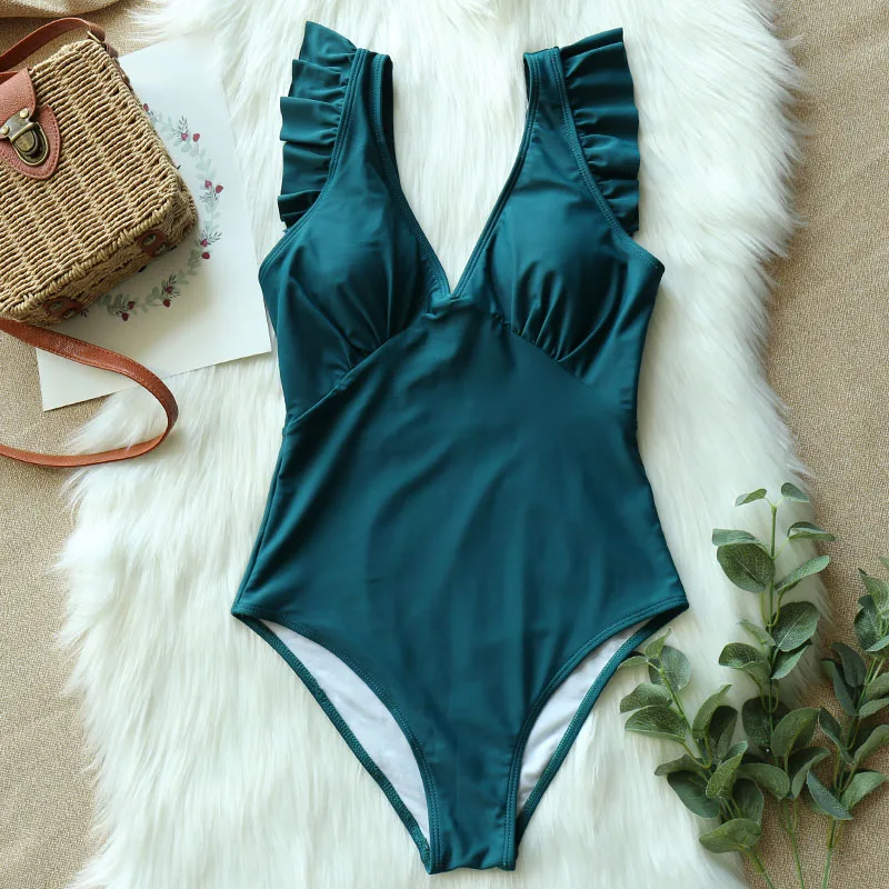 

Sexy Green Solid One-Piece Swimsuit Women Ruffle Ruched Monokini 2019 Girl Beach Bathing Suits