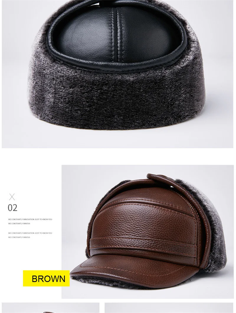 GREENYU Brand Genuine Leather Bomber Hat Men's Thick Warm Outdoor Earmuffs First Layer Cowhide Leather Hat Fur Hats For Man