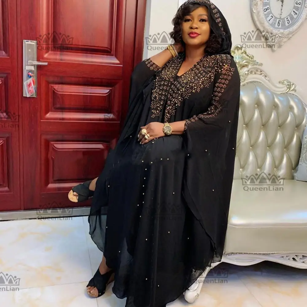 New African Design Bazin Chiffon Long Stick Diamond Sleeve Dashiki Dress For Lady