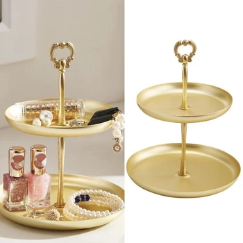 

Two-Tier Golden String Disk - Entrance Key Mirror Tray For Jewelry Decoration Receipt Box Dresser Necklace Ring Earring Tray
