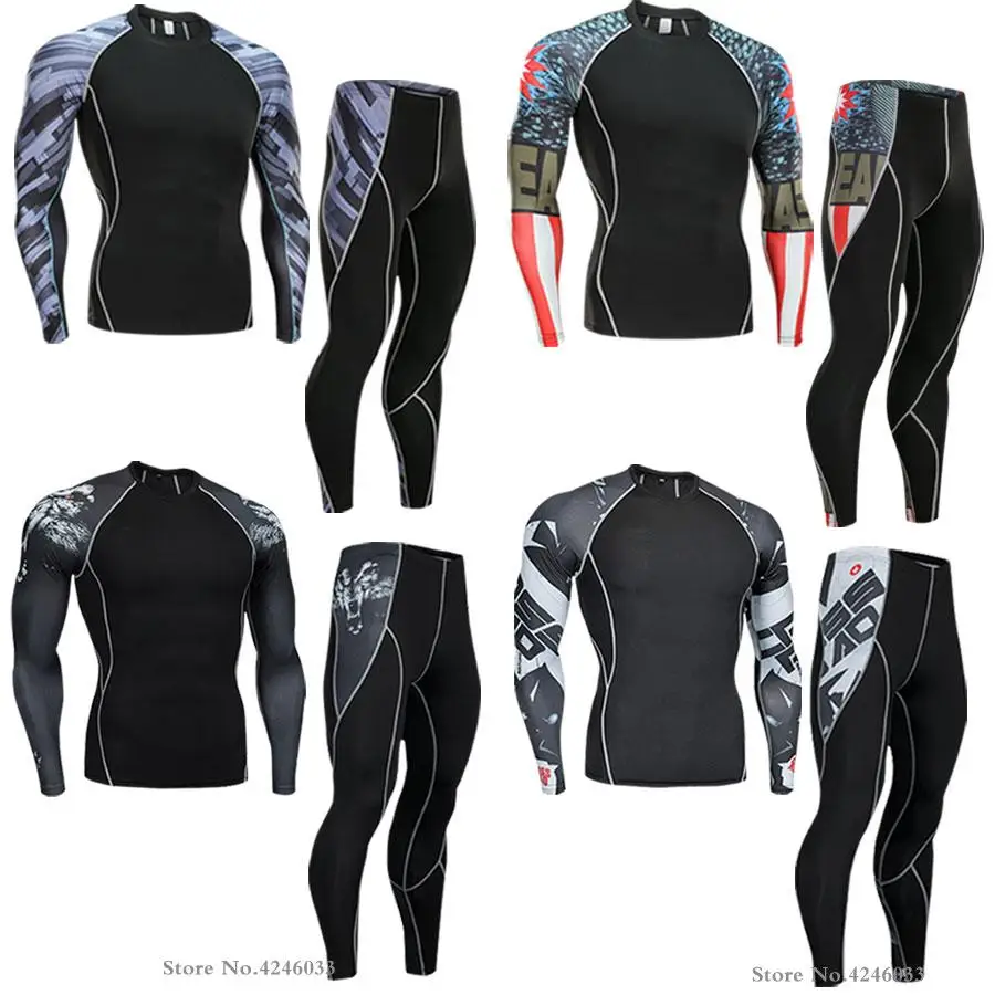 2019NEW Mens Compression Set Running Tights Workout Fitness Training Tracksuit Long Sleeves Shirts Sport Suit rashgard kit 4xl
