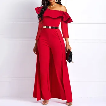 

2020 Wide Legs Sexy Jumpsuits for Women One Shoulder Long Sleeve Casual Elegant Femme Party Swallowtail Overalls Long Jumpsuits
