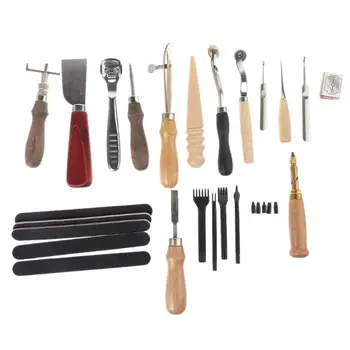

18 Leather Craft Punch Tools Kit Stitching Carving Working Sewing Saddle Groover U90A
