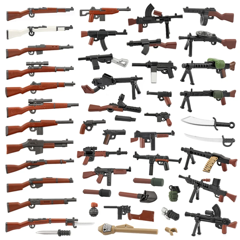 

10PCS WW2 Soldiers Weapons Building Block Two-color Pistol Rifle AK Guns Knife Grenades Daggers Military Bricks Accessories C292