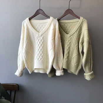 

Yeeloca Autumn Sweet Twist Knitted Solid Color Sweater Women's Casual V-neck Pullovers Korean Loose Sweater