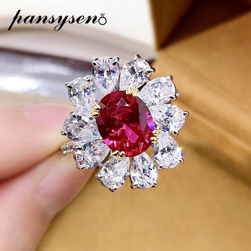 

PANSYSEN Vintage 100% 925 Sterling Silver Oval Cut Ruby Simulated Moissanite Gemstone Engagement Ring Wedding Bands Fine Jewelry