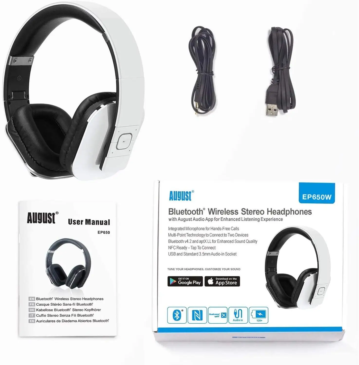 August EP650 Bluetooth Headphones with Mic Over Ear Stereo