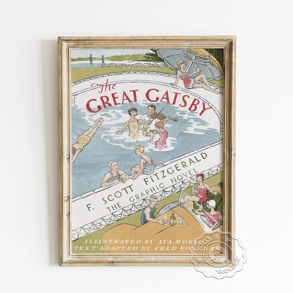 

The Great Gatsby Graphic Novel Cover Illustration Poster, Aya Morton Watercolour, Pool Beach Party Vintage Wall Hanging Prints