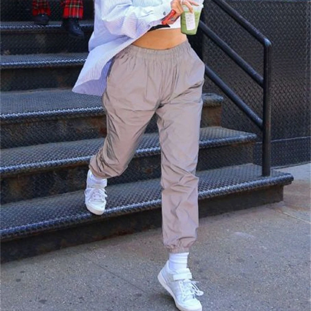 Модные женские повседневные Однотонные эластичные светящиеся брюки-карго; брюки с завязками на лодыжках; брюки из полиэстера; S-XL; Простые и стильные брюки