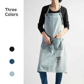 

Cotton Washed Denim Apron Overalls Nail Man And Woman Barista Western Restaurant Floral Sleeveless Bib Uniform 83x88cm