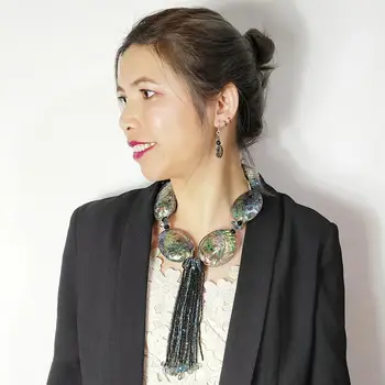 

Lii Ji Natural Abalone Shell Black Spinel Agate Hematite Jade Clasp Handmade Knitting Tassel Necklace For Women Fashion Jewelry