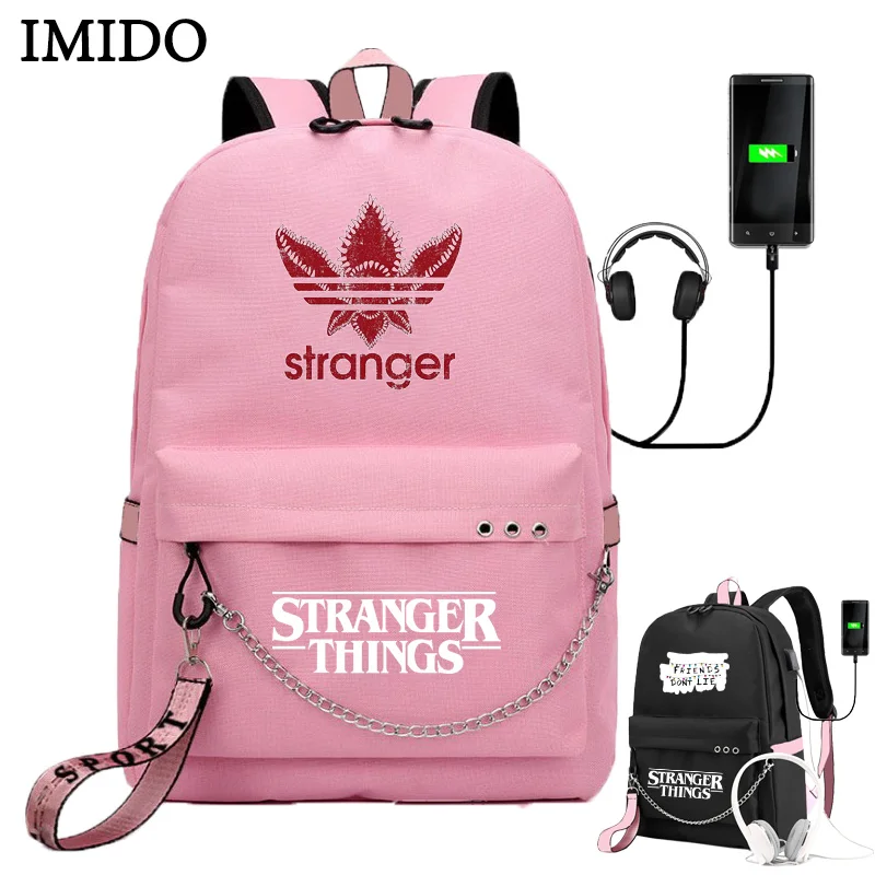 

IMIDO Sweat Backpacks For School Girls Stranger Things Usb Charging Students Shoulders Backpack Candy Color Large Travel Bags