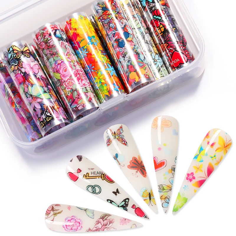 10 рулонов/коробка наклейки из фольги для ногтей цветы бабочки смешанные узоры